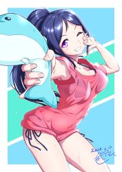 Rule 34 | 1girl, artist name, artist request, bare shoulders, bikini, blue hair, blush, breasts, cleavage, collarbone, dolphin, female focus, highres, holding, long hair, looking at viewer, love live!, love live! sunshine!!, matsuura kanan, medium breasts, nail polish, nails, one eye closed, pink nails, pink shirt, ponytail, purple eyes, shirt, smile, solo, striped bikini, striped clothes, stuffed animal, stuffed dolphin, stuffed toy, swimsuit, wet, wet clothes
