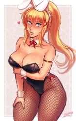Rule 34 | 1girl, animal ears, arm support, armband, artist name, bare shoulders, black leotard, blonde hair, blue eyes, blush, bow, bowtie, breasts, cleavage, collarbone, darkness (konosuba), detached collar, fake animal ears, fishnet pantyhose, fishnets, hair between eyes, hand on own thigh, heart, holding own arm, iahfy, kono subarashii sekai ni shukufuku wo!, large breasts, leotard, long hair, looking at viewer, pantyhose, playboy bunny, ponytail, rabbit ears, simple background, sleeveless, smile, solo, standing, strapless, strapless leotard, watermark, wrist cuffs