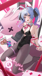 1girl absurdres animal_ears black_leotard black_pantyhose blue_eyes blue_hair breasts card cellphone checkered_floor commentary_request detached_collar doughnut english_text fake_animal_ears fake_tail food hatsune_miku heart heart-shaped_pupils highres leaning_back leotard looking_at_viewer medium_breasts medium_hair open_mouth pantyhose phone pink_ribbon playboy_bunny playing_card rabbit_ears rabbit_hole_(vocaloid) rabbit_tail ribbon sitting smartphone smile solo symbol-shaped_pupils tail teardrop_facial_mark thigh_strap toki88909 twintails vocaloid wariza