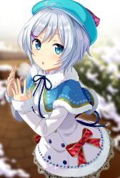 Rule 34 | .live, 1girl, :o, antenna hair, beret, blue capelet, blue eyes, blue hat, blue ribbon, blurry, blurry background, blush, bow, breathing on hands, capelet, commentary request, dennou shoujo siro, depth of field, diagonal stripes, dress, fingernails, fur-trimmed capelet, fur-trimmed dress, fur-trimmed sleeves, fur trim, hair between eyes, hands up, hat, highres, long sleeves, looking at viewer, parted lips, pom pom (clothes), print capelet, red bow, ribbon, short hair, silver hair, sleeves past wrists, snowflake print, solo, star (symbol), striped, striped bow, virtual youtuber, white dress, yuusa