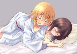Rule 34 | 2girls, alternate costume, black hair, blonde hair, blush, breasts, cleavage, collarbone, commentary request, closed eyes, feet out of frame, grey background, hakurei reimu, hand on another&#039;s shoulder, head on pillow, highres, japanese clothes, kimono, kirisame marisa, lying, lying on person, mukkushi, multiple girls, no headwear, on bed, on side, open mouth, pillow, simple background, sweatdrop, touhou, yukata, yuri