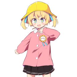 Rule 34 | + +, 1girl, :d, absurdres, amaryllis gumi, black skirt, blonde hair, blue eyes, blush stickers, collared shirt, cowboy shot, fang, hair between eyes, hand up, hat, highres, kindergarten uniform, kotohara hinari, long sleeves, looking at viewer, open mouth, pink shirt, pleated skirt, puffy long sleeves, puffy sleeves, school hat, shirt, simple background, skirt, smile, solo, tama (tama-s), transparent background, twintails, virtual youtuber, white background, yellow hat