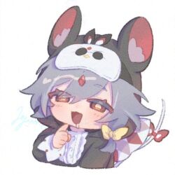 Rule 34 | 1girl, :d, animal costume, animal ear fluff, animal ears, animal hood, blush, bow, commentary request, cropped torso, drooling, eyes visible through hair, fake animal ears, fu hua, fu hua (herrscher of sentience), grey hair, hair bow, hair over one eye, honkai (series), honkai impact 3rd, hood, hood up, hyourou m, jingwei (bird), long sleeves, mask, mask on head, mouse costume, mouse ears, mouse hood, mouse tail, multicolored hair, open mouth, puffy long sleeves, puffy sleeves, red bow, red eyes, signature, simple background, smile, solo, streaked hair, tail, tail bow, tail ornament, upper body, white background, yellow bow