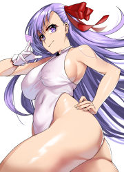 Rule 34 | 1girl, absurdres, bare shoulders, bb (fate), bb (fate) (all), bb (swimsuit mooncancer) (fate), bb (swimsuit mooncancer) (third ascension) (fate), breasts, commentary request, condom, condom wrapper, covered navel, fate/grand order, fate (series), gloves, highres, kisaragi tsurugi, large breasts, leotard, long hair, looking at viewer, purple eyes, purple hair, shiny skin, sideboob, simple background, single glove, smile, solo, standing, swimsuit, taut clothes, very long hair, white background, white leotard