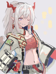 Rule 34 | 1girl, arknights, asususususu, braid, colored skin, dragon girl, dragon horns, earrings, grey background, grin, hair between eyes, hand on own hip, highres, horns, jacket, jewelry, long hair, long sleeves, navel, nian (arknights), one eye closed, open mouth, pointy ears, ponytail, purple eyes, shorts, simple background, smile, solo, teeth, white hair, white jacket, white shorts