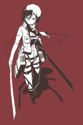 Rule 34 | boots, dual wielding, expressionless, from above, holding, jacket, mikasa ackerman, monochrome, nabana, scarf, shadow, shingeki no kyojin, short hair, solo, sword, weapon