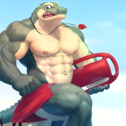 Rule 34 | 1boy, abs, bara, clothes pull, convenient leg, crocodile, crocodilian, crocodilian tail, feet out of frame, furry, furry male, highres, large pectorals, lifeguard, male focus, male swimwear, mixvariety, muscular, muscular male, navel, nipples, original, pectorals, red male swimwear, reptile boy, scales, sharp teeth, solo, stomach, swim trunks, swimsuit, tail, teeth, thick thighs, thighs, topless male, torn clothes, torn swimsuit, veins, whistle, whistle around neck, wide-eyed