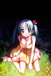 Rule 34 | 1girl, arm support, bail, bare shoulders, blue eyes, blue hair, bow, breasts, casual, cleavage, dress, grass, hair bow, hair ornament, hair ribbon, looking at viewer, matching hair/eyes, medium breasts, original, parted lips, ribbon, sandals, sitting, solo, twintails, weeds