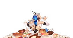 Rule 34 | 1girl, 34no404, cup, drinking, eating, food, grey hair, gwendolyn (odin sphere), meat, odin sphere, pancake, solo, teacup