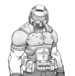 Rule 34 | 1boy, abs, armor, belt pouch, blouse, breastplate, clothing cutout, doom (series), doomguy, gloves, greyscale, highres, kelvin hiu, male focus, manly, monochrome, muscular, navel, opaque helmet, pouch, shirt, short sleeves, shotgun shell, simple background, solo, space marine, standing, stomach cutout, torn clothes, torn shirt, veins, white background