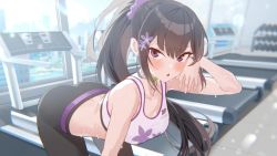Rule 34 | 1girl, after exercise, animated, ass, bent over, black hair, blue archive, breasts, choker, dripping, exercising, gym, hair ornament, hairpin, halo, highres, long hair, looking at viewer, medium breasts, midriff, official art, ponytail, screencap, shirt, shorts, sports bra, sumire (blue archive), sweat, sweatdrop, tagme, thighs, treadmill, very long hair, video