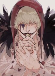Rule 34 | 1boy, blonde hair, closed eyes, coin, donquixote rocinante, eyelashes, facepaint, facing viewer, feather trim, fingernails, grey background, hat, heart, heart print, highres, holding, holding coin, lipstick, long sleeves, makeup, male focus, one piece, parted lips, red hat, scar, scar on hand, short hair, signature, solo, sub 45, upper body