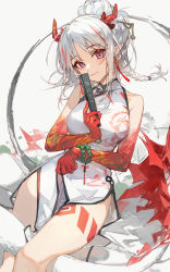 Rule 34 | 1girl, arknights, bare legs, bead bracelet, beads, body markings, bracelet, braid, breasts, china dress, chinese clothes, ciloranko, closed mouth, colored skin, cowboy shot, dragon horns, dragon tail, dress, earrings, folded fan, folding fan, grey background, hair bun, hair ornament, hair stick, hand fan, head tilt, highres, holding, holding fan, horns, jewelry, light smile, lips, looking at viewer, medium breasts, medium hair, multicolored hair, multicolored skin, nian (arknights), nian (unfettered freedom) (arknights), official alternate costume, parted bangs, pelvic curtain, pointy ears, prayer beads, purple eyes, red hair, red skin, side braid, silver hair, simple background, single braid, single hair bun, sleeveless, sleeveless dress, smile, solo, streaked hair, tail, tassel, tassel earrings, thighs, two-tone hair, white dress