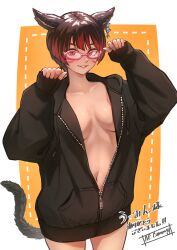 Rule 34 | 1girl, absurdres, animal ears, ap cammy, black jacket, breasts, brown hair, cleavage, earrings, facial mark, final fantasy, final fantasy xiv, glasses, highres, jacket, jewelry, long sleeves, looking at viewer, medium breasts, miqo&#039;te, multicolored hair, navel, original, parted lips, partially unzipped, pink-framed eyewear, red eyes, red hair, single earring, sleeves past wrists, smile, solo, standing, tail, warrior of light (ff14)