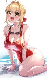 1girl, :d, absurdres, ahoge, blonde hair, braid, breasts, cleavage, competition swimsuit, fate/extra, fate (series), french braid, goggles, green eyes, hair bun, hair intakes, highres, large breasts, nero claudius (fate), nero claudius (fate) (all), one-piece swimsuit, open mouth, pool, red swimsuit, smile, solo, swimsuit, wet, wet clothes, wet swimsuit, yayoi maka