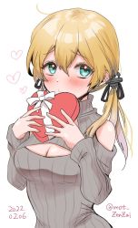 Rule 34 | 1girl, alternate costume, anchor hair ornament, aqua eyes, bare shoulders, blonde hair, blush, box, breasts, cleavage, cleavage cutout, clothing cutout, dated, gift, gift box, grey sweater, hair between eyes, hair ornament, heart, heart-shaped box, highres, holding, kantai collection, long hair, medium breasts, mot zenzai, one-hour drawing challenge, pout, prinz eugen (kancolle), ribbed sweater, shoulder cutout, simple background, solo, sweater, twintails, twitter username, valentine, white background