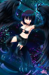 Rule 34 | 1girl, absurdres, arms up, artist name, bandeau, bare shoulders, belt, black belt, black collar, black hair, black wings, boots, breasts, cleavage, cloudxmoe, collar, commentary, english commentary, feathered wings, feathers, harpy, highres, looking at viewer, medium breasts, midriff, monster girl, multicolored background, navel, original, purple eyes, short hair, short shorts, shorts, smile, solo, stomach, talons, thighhighs, winged arms, wings