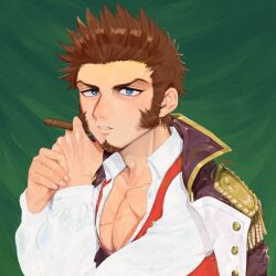 Rule 34 | 1boy, blue eyes, brown hair, cigar, cross scar, epaulettes, facial hair, fate/grand order, fate (series), fringe trim, goatee, holding, holding cigar, jacket, jacket on shoulders, leather, leather jacket, long sideburns, long sleeves, looking at viewer, male focus, military, military uniform, napoleon bonaparte (fate), open clothes, open shirt, partially unbuttoned, pectoral cleavage, pectorals, realistic, scar, scar on chest, shitappa, short hair, sideburns, solo, uniform, upper body