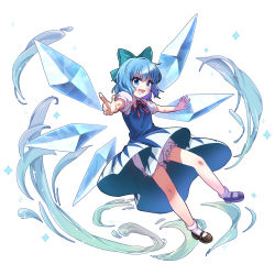 Rule 34 | 1girl, absurdres, black footwear, bloomers, blue bow, blue dress, blue eyes, blue hair, bobby socks, bow, cirno, collarbone, dress, fairy, fang, hair bow, highres, ice, ice wings, kanikanidosanko, looking at viewer, open mouth, pointing, pointing at viewer, puffy short sleeves, puffy sleeves, red neckwear, short hair, short sleeves, simple background, smile, socks, solo, star (symbol), touhou, underwear, white background, white sleeves, white socks, wings