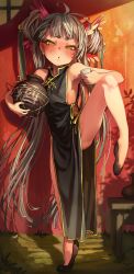 Rule 34 | 1girl, absurdly long hair, absurdres, bare shoulders, blush, china dress, chinese clothes, double bun, dress, drunk, flat chest, full body, hair bun, highres, holding, leg up, long hair, looking at viewer, melaton, original, shoes, solo, standing, standing on one leg, very long hair, yellow eyes