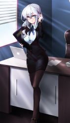Rule 34 | 1girl, apple inc., black bow, black footwear, window blinds, blue eyes, bow, breasts, brown pantyhose, commission, computer, desk, earrings, folder, full body, glasses, hair bow, hand up, high heels, highres, indoors, jewelry, laptop, long hair, macintosh, microsoft windows, office lady, original, pantyhose, paper, pencil skirt, pumps, shoes, skirt, solo, standing, stiletto heels, white hair, yanje