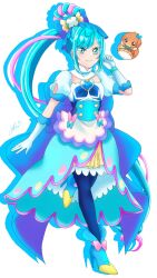 Rule 34 | 1girl, ankle bow, ankle ribbon, back bow, blue bow, blue hair, blue pantyhose, bow, brooch, bun cover, cure spicy, delicious party precure, dress, earrings, full body, fuwa kokone, gloves, green eyes, hair bow, hair bun, hair ornament, heart, heart brooch, high heels, highres, huge bow, jewelry, long hair, looking at viewer, magical girl, medium dress, pam-pam (precure), pantyhose, precure, ribbon, side ponytail, smile, triple bun, very long hair, white gloves, white stripes, wide ponytail, yui u86