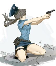 Rule 34 | 1girl, aiming, bare arms, belt, belt pouch, bike shorts, bike shorts under skirt, black footwear, blue hat, blue shirt, blue sky, breast pocket, breasts, crack, cracked floor, finger on trigger, floating hair, from side, full body, grey hair, gun, handgun, hat, hat loss, head tilt, high heels, highres, holding, holding gun, holding weapon, kimura 731, kneeling, long hair, looking ahead, miniskirt, original, outstretched arms, pencil skirt, pocket, police, police hat, police uniform, policewoman, ponytail, pouch, s&amp;w m10, shirt, short sleeves, skindentation, skirt, sky, small breasts, solo, sweat, thigh strap, undershirt, uniform, unworn hat, unworn headwear, upskirt, weapon, white background, yellow eyes