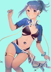 Rule 34 | 1girl, absurdres, aqua background, bikini, bikini under clothes, black bikini, blue eyes, blue hair, blue jacket, blue nails, blush, bracelet, braid, breasts, cleavage, commentary request, cowboy shot, cropped jacket, earrings, flower, grin, hair flower, hair ornament, hand up, highres, jacket, jewelry, looking at viewer, magia record: mahou shoujo madoka magica gaiden, mahou shoujo madoka magica, miki sayaka, miki sayaka (surfer ver.), nail polish, ponytail, short hair, short ponytail, short sleeves, simple background, single earring, small breasts, smile, solo, soul gem, swimsuit, swimsuit under clothes, yuu 5o4o3i