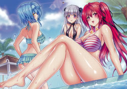 Rule 34 | 10s, 3girls, :d, absurdres, ahoge, arm support, ass, back, barefoot, bikini, black one-piece swimsuit, blue bikini, blue eyes, blue hair, blue sky, blunt bangs, blush, braid, breasts, breasts squeezed together, cleavage, cloud, crossed legs, day, feet, flower, flower necklace, frilled bikini, frills, from below, grey hair, hair ornament, hair ribbon, hairband, happy, highres, hori hiroaki, huge filesize, jewelry, large breasts, legs, lens flare, long hair, long legs, looking at viewer, looking back, mars symbol, multiple girls, nail polish, naruse maria, naruse mio, necklace, nonaka yuki, one-piece swimsuit, open mouth, outdoors, palm tree, pink nails, pool, poolside, purple eyes, red eyes, red hair, ribbon, scan, shinmai maou no testament, shiny skin, short hair, side braid, single braid, sitting, sky, slingshot swimsuit, smile, standing, striped bikini, striped clothes, sunlight, swimsuit, thighs, toenail polish, toenails, tree, twintails, water, water drop, wet, yellow eyes