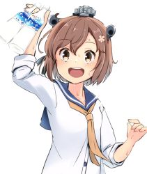 Rule 34 | 1girl, bad id, bad twitter id, black legwear, blue sailor collar, bottle, brown eyes, brown hair, commentary request, dress, headgear, headset, kantai collection, ludens (inonaka koubou), neckerchief, open mouth, round teeth, sailor collar, sailor dress, short hair, simple background, sleeves rolled up, smile, solo, speaking tube headset, sweater, teeth, upper body, upper teeth only, white background, yellow neckerchief, yukikaze (kancolle)