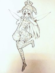 Rule 34 | 1girl, american flag dress, american flag legwear, clownpiece, double v, dress, fairy wings, full body, hat, jester cap, long hair, looking at viewer, monochrome, nagata nagato, open mouth, pantyhose, polka dot, short dress, short sleeves, sketch, smile, solo, standing, standing on one leg, star (symbol), star print, striped, touhou, v, wings