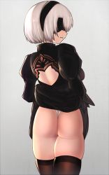 Rule 34 | 1girl, ass, black dress, black gloves, black hairband, black thighhighs, blindfold, breasts, clothes lift, dress, dress lift, from behind, gloves, hairband, looking at viewer, nier (series), nier:automata, parted lips, shiny skin, short hair, sideboob, smile, solo, thighhighs, thong, underwear, 2b (nier:automata)