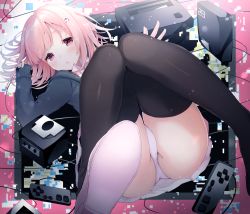 Rule 34 | 1girl, ass, bad id, bad pixiv id, black thighhighs, blush, controller, danganronpa (series), danganronpa 2: goodbye despair, game console, game controller, hair ornament, hood, hoodie, knees together feet apart, looking at viewer, lying, nanami chiaki, on back, open clothes, open hoodie, panties, parted lips, pink hair, purple eyes, sleeves past wrists, solo, thighhighs, thighs, underwear, usamito, white panties