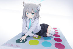 Rule 34 | 1girl, amputee, animal ears, bandages, blue archive, blue eyes, blue necktie, double amputee, grey hair, hair ornament, halo, highres, looking down, necktie, pleated skirt, school uniform, shiroko (blue archive), shirt, skirt, twister, vialle, white background, white shirt