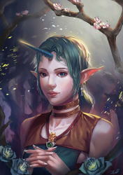 Rule 34 | 1girl, absurdres, alternate color, alternate eye color, alternate skirt, blue eyes, earrings, flower, highres, horns, interlocked fingers, jeff930808, jewelry, league of legends, long hair, looking at viewer, nail polish, pointy ears, signature, single horn, solo, soraka (league of legends), upper body, white nails
