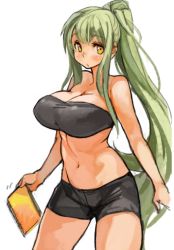Rule 34 | 1girl, bandeau, blush, breasts, cleavage, female focus, green hair, groin, holding, large breasts, long hair, looking at viewer, midriff, navel, notebook, original, ponytail, sachito, shorts, simple background, solo, strapless, sumi-chan (sachito), taut clothes, tube top, very long hair, white background, yellow eyes