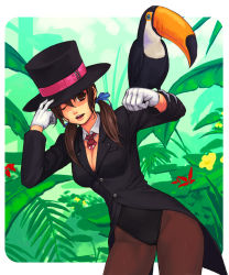 Rule 34 | 1girl, bad id, bad pixiv id, bird, breasts, brown eyes, brown hair, cleavage, hat, hat tip, one eye closed, original, pantyhose, small breasts, solo, top hat, toucan, twintails, wink, yuuji (and)