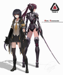 Rule 34 | 1girl, absurdres, armband, armor, armored boots, arms at sides, ass, black footwear, black gloves, black hair, black jacket, black leotard, black skirt, black thighhighs, boots, closed mouth, dated, elbow gloves, emblem, full body, gloves, gun, headgear, high ponytail, highres, holding, holding gun, holding sword, holding weapon, jacket, katana, knee boots, legs apart, leotard, long hair, looking at viewer, looking back, mecha musume, multiple views, neckerchief, open clothes, open jacket, original, pleated skirt, profile, purple eyes, purple hair, red eyes, school uniform, serafuku, shirt, short hair, short sleeves, shou mai, shoulder armor, signature, simple background, skirt, smile, standing, sword, thigh boots, thighhighs, thighs, v-shaped eyebrows, weapon, white background, white shirt, yellow neckerchief, zettai ryouiki