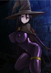 Rule 34 | 1girl, aebafuti, black hair, boots, bound, breasts, cape, chain, collar, covered erect nipples, hat, huge breasts, kneeling, latex, legs, long hair, looking at viewer, prison, purple eyes, solo, thighs, tied up, witch hat