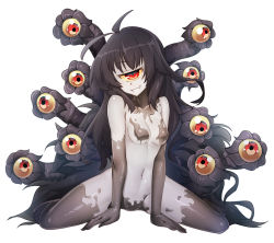 Rule 34 | 1girl, antenna hair, bare shoulders, black hair, breasts, colored sclera, colored skin, cyclops, extra eyes, full body, gazer (monster girl encyclopedia), grey skin, grin, head tilt, imageboard desourced, long hair, looking at viewer, monster girl, monster girl encyclopedia, navel, non-web source, one-eyed, red eyes, sharp teeth, simple background, sitting, slit pupils, small breasts, smile, solo, spread legs, tail, teeth, tentacles, tilt-shift (azalanz), white background, white skin, yellow sclera