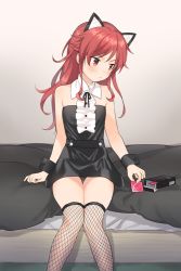 Rule 34 | 1girl, bare shoulders, black dress, black thighhighs, blush, chigusa asuha, closed mouth, condom, condom box, detached collar, dress, fishnet thighhighs, fishnets, indoors, knees together feet apart, long hair, on bed, over-kneehighs, qualidea code, red eyes, red hair, sekiya asami, short dress, sitting, solo, swept bangs, thighhighs, thighs, tsurime, wrist cuffs