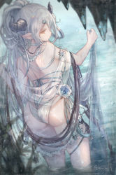 Rule 34 | 1girl, ass, bikini, choker, closed mouth, commentary request, cowboy shot, day, draph, gamo tako, granblue fantasy, grey hair, half updo, hand up, highres, horns, izmir, izmir (summer) (granblue fantasy), lens flare, long hair, looking at viewer, looking back, orange eyes, parted bangs, pointy ears, see-through, solo, standing, swimsuit, thighs, twitter username, water, wet, wet clothes, white bikini, white choker