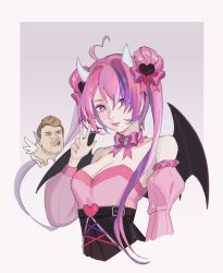 Rule 34 | 1boy, 1girl, animalization, bell, black skirt, bow, bow choker, breasts, brown hair, cdawgva, choker, cleavage, commentary, cropped torso, demon horns, demon wings, detached sleeves, double bun, english commentary, floating, hair bun, high-waist skirt, highres, horns, ironmouse, ironmouse (1st costume), medium breasts, open mouth, pink bow, pink choker, skirt, solo focus, spikyfish, twintails, upper body, virtual youtuber, vshojo, wings