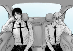 Rule 34 | 1boy, 1girl, car interior, car seat, chainsaw man, closed mouth, expressionless, eye mask, formal, haevaf, hair over one eye, kishibe (chainsaw man), kishibe (young) (chainsaw man), monochrome, necktie, quanxi (chainsaw man), short hair, sitting, spot color, suit, upper body, window