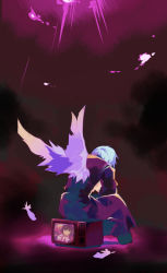 Rule 34 | 1boy, ayuka, blue hair, feathers, male focus, purple background, purple theme, short hair, sitting, solo, television, white hair, wings