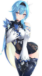 Rule 34 | 1girl, bare shoulders, blue hair, bodystocking, breasts, commentary request, cowboy shot, cross-laced clothes, curled fingers, eula (genshin impact), genshin impact, hair between eyes, hair ornament, hairband, hand up, highres, light blue hair, long sleeves, looking at viewer, medium hair, nankaichimu, open mouth, parted lips, puffy long sleeves, puffy sleeves, purple eyes, ribbon, shiny clothes, simple background, solo, thighhighs, thighs, vambraces, vision (genshin impact), white background, white ribbon, wide sleeves, yellow eyes