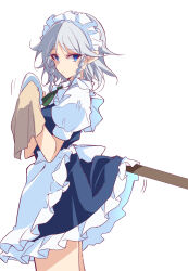 Rule 34 | 1girl, blue eyes, braid, broom, cleaning, clothes lift, commentary request, dress, dress lift, grey hair, highres, ichimura kanata, izayoi sakuya, looking back, maid headdress, one-hour drawing challenge, plate, short hair, side braids, simple background, solo, standing, touhou, towel, twin braids, white background