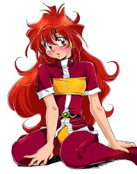Rule 34 | 1girl, artist request, female focus, highres, kneeling, lina inverse, long hair, looking at viewer, orange hair, red eyes, simple background, sitting, slayers, solo, wizard, white background