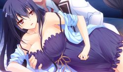 Rule 34 | 1girl, bare shoulders, bed, blue hair, blush, grabbing another&#039;s breast, breasts, cleavage, dress, game cg, grabbing, huge breasts, long hair, looking back, lying, no bra, on side, open mouth, prestar! precious star&#039;s festival: shokai seisan gentei, red eyes
