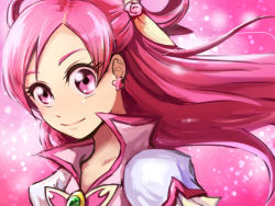Rule 34 | 00s, 1girl, brooch, cure dream, earrings, hair rings, jewelry, light particles, long hair, magical girl, nyaasora, pink background, pink eyes, pink hair, precure, smile, solo, upper body, yes! precure 5, yes! precure 5 gogo!, yumehara nozomi